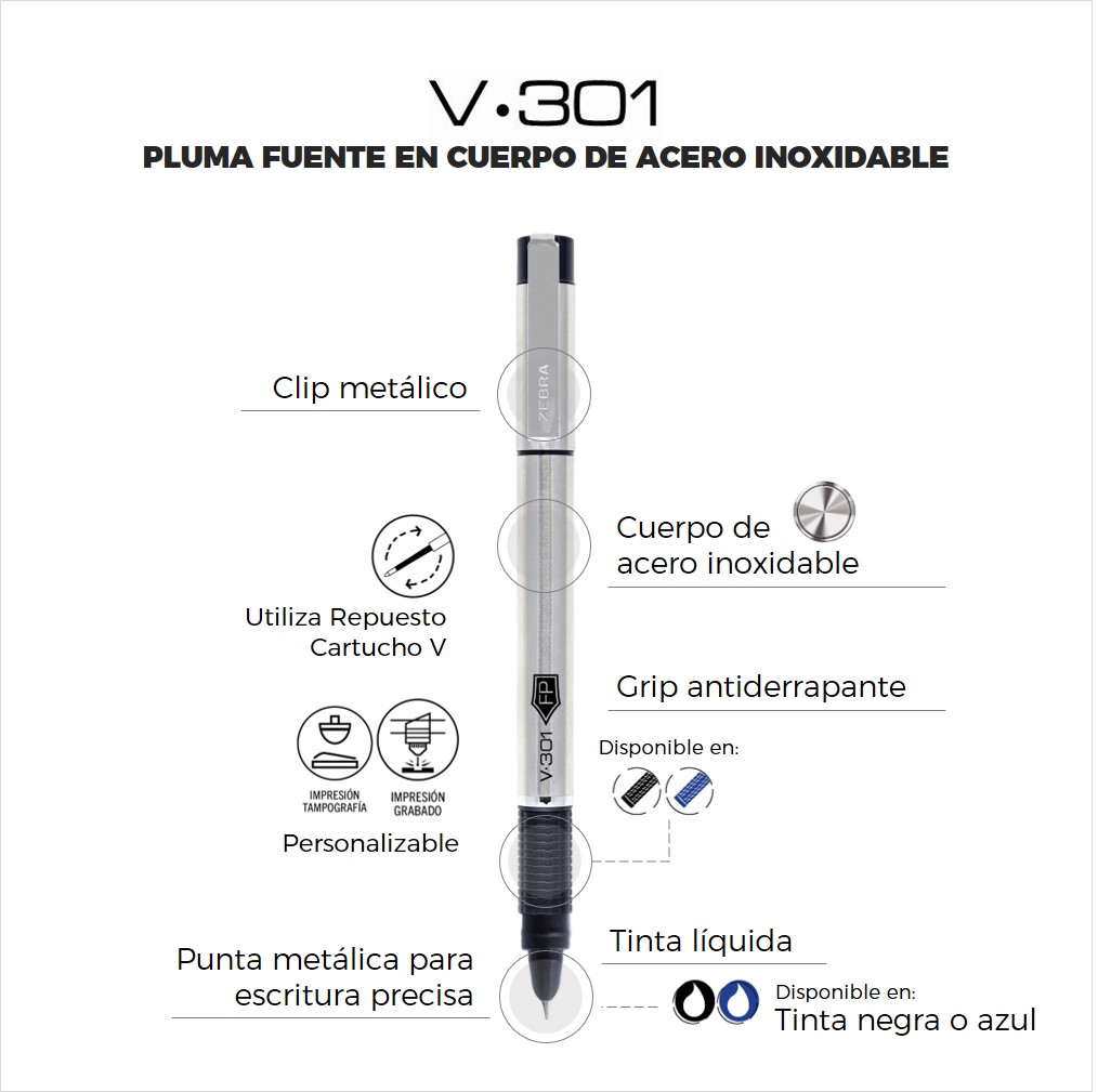 Foto 4 pulgar | Pluma Fuente V-301 Tinta Recargable Acero Inoxidable Zebra. Exterior Azul