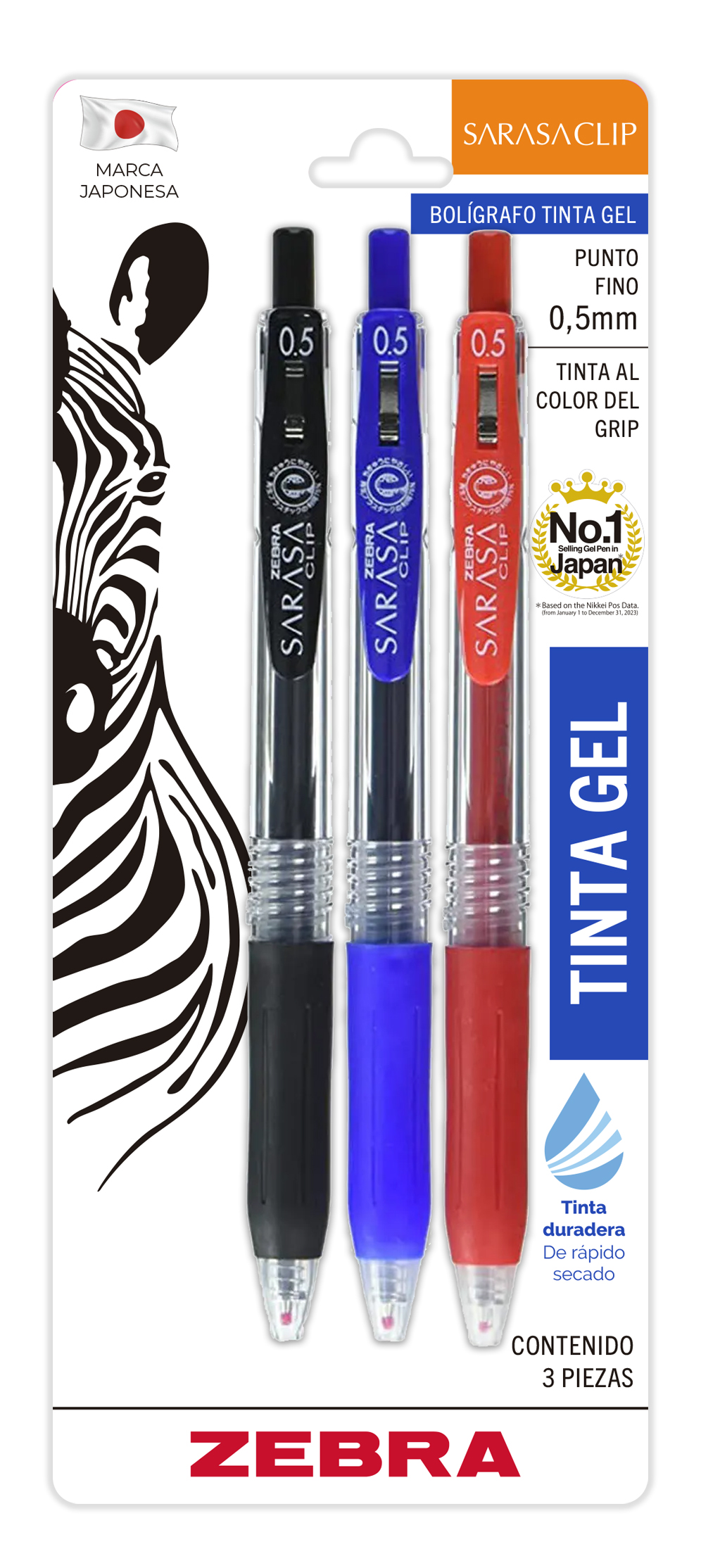 Zebra Sarasa Clip Rollerball Tinta Gel Punto 0.5mm Surtido Básico 3 Pzs