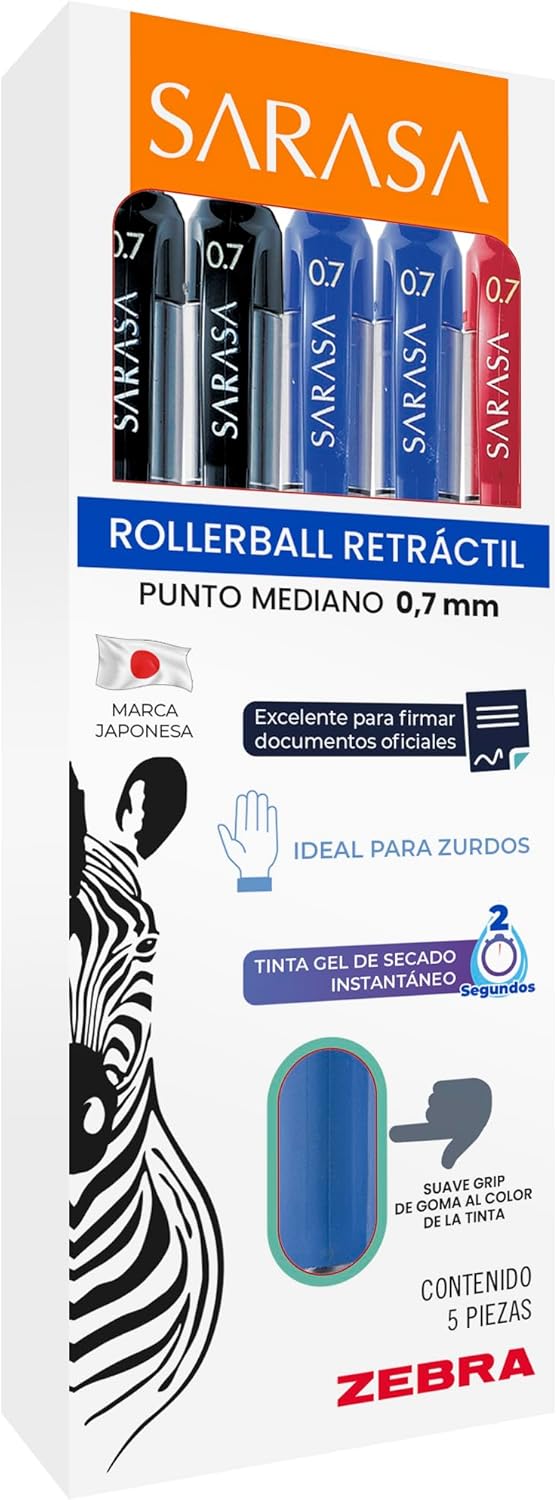 Zebra Bolígrafo Tinta Gel Sarasa Mediano 0.7mm Colores Básicos Estuche 5 Piezas