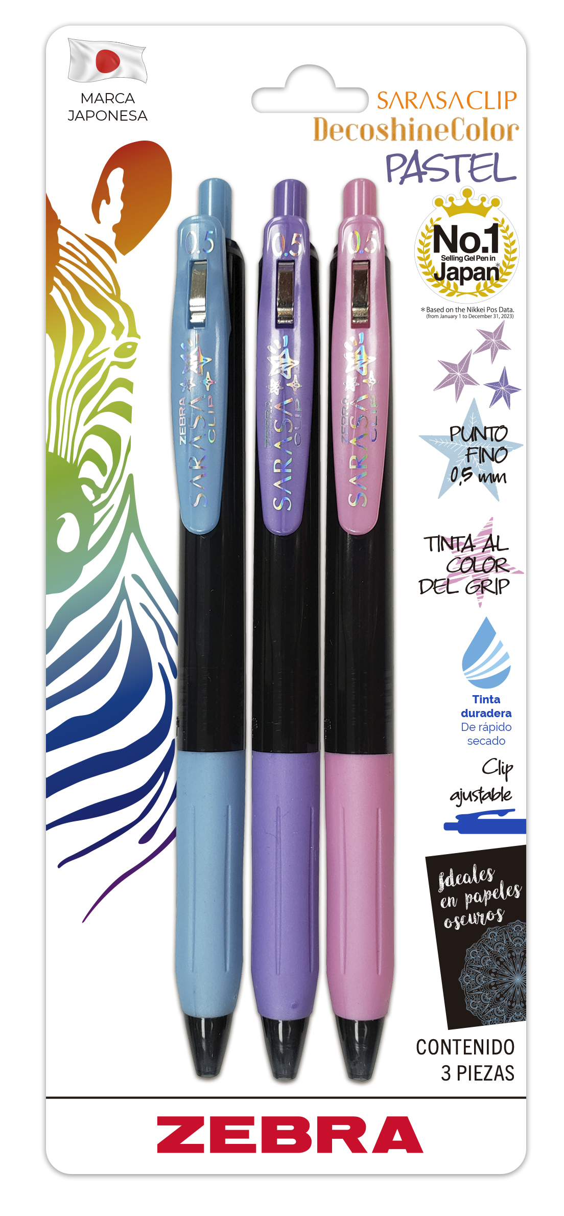 Foto 2 pulgar | Zebra Blíster De 3 Bolígrafos De Tinta Gel De 0.5 Mm Sarasa Clip Decoshine Colores Pastel