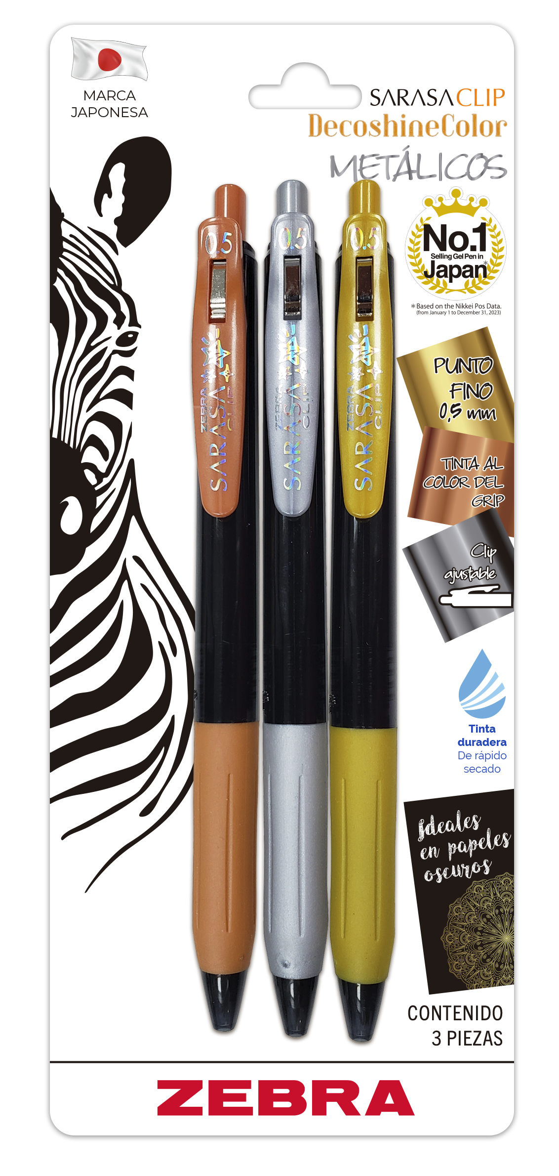 Zebra Blíster De 3 Bolígrafos Tinta Gel 0.5 Mm Sarasa Clip Decoshine Colores Metálicos