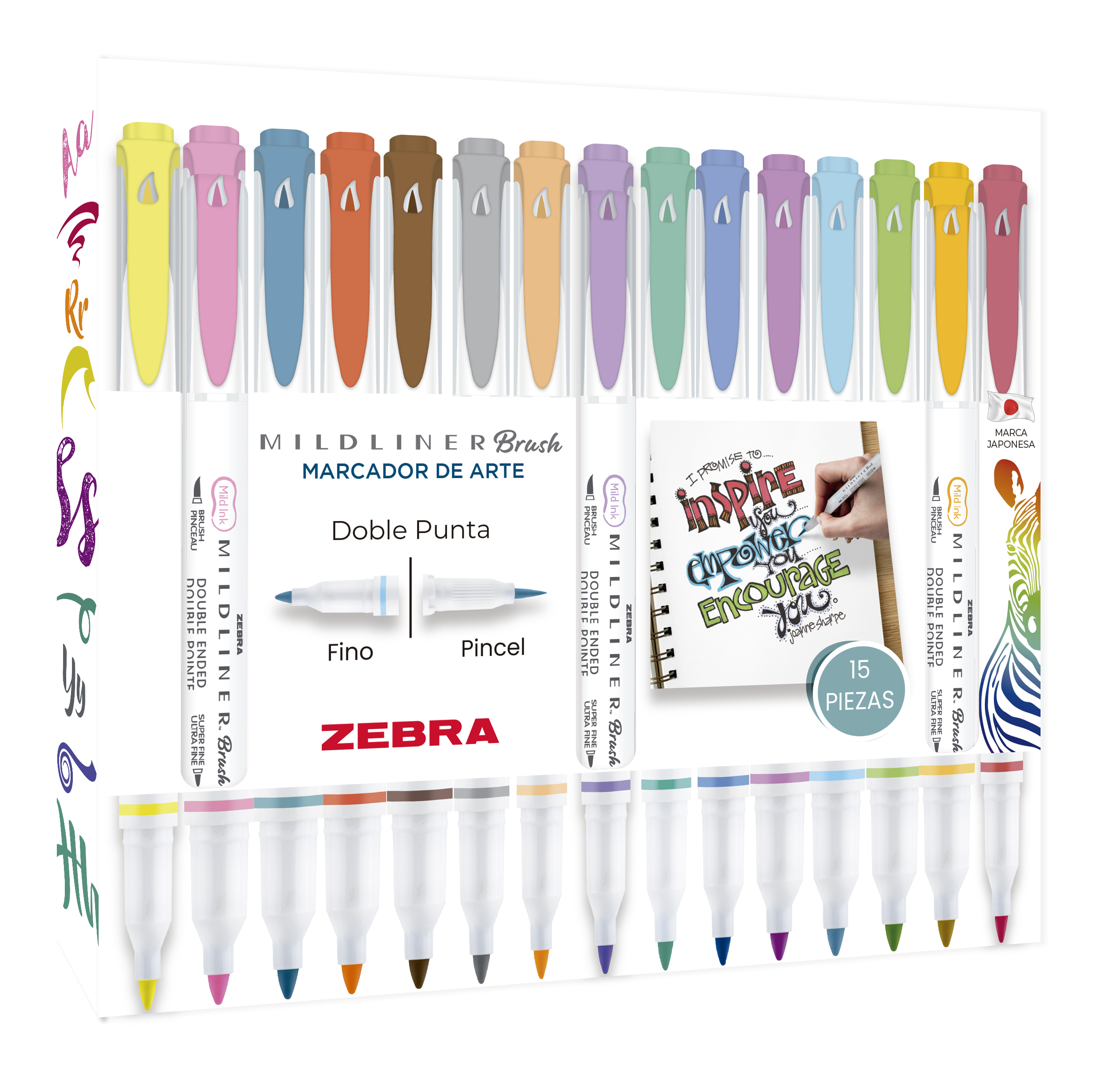 Marcador Creativo Zebra Mildliner Brush Doble Punta Colores Surtidos Estuche 15 Piezas