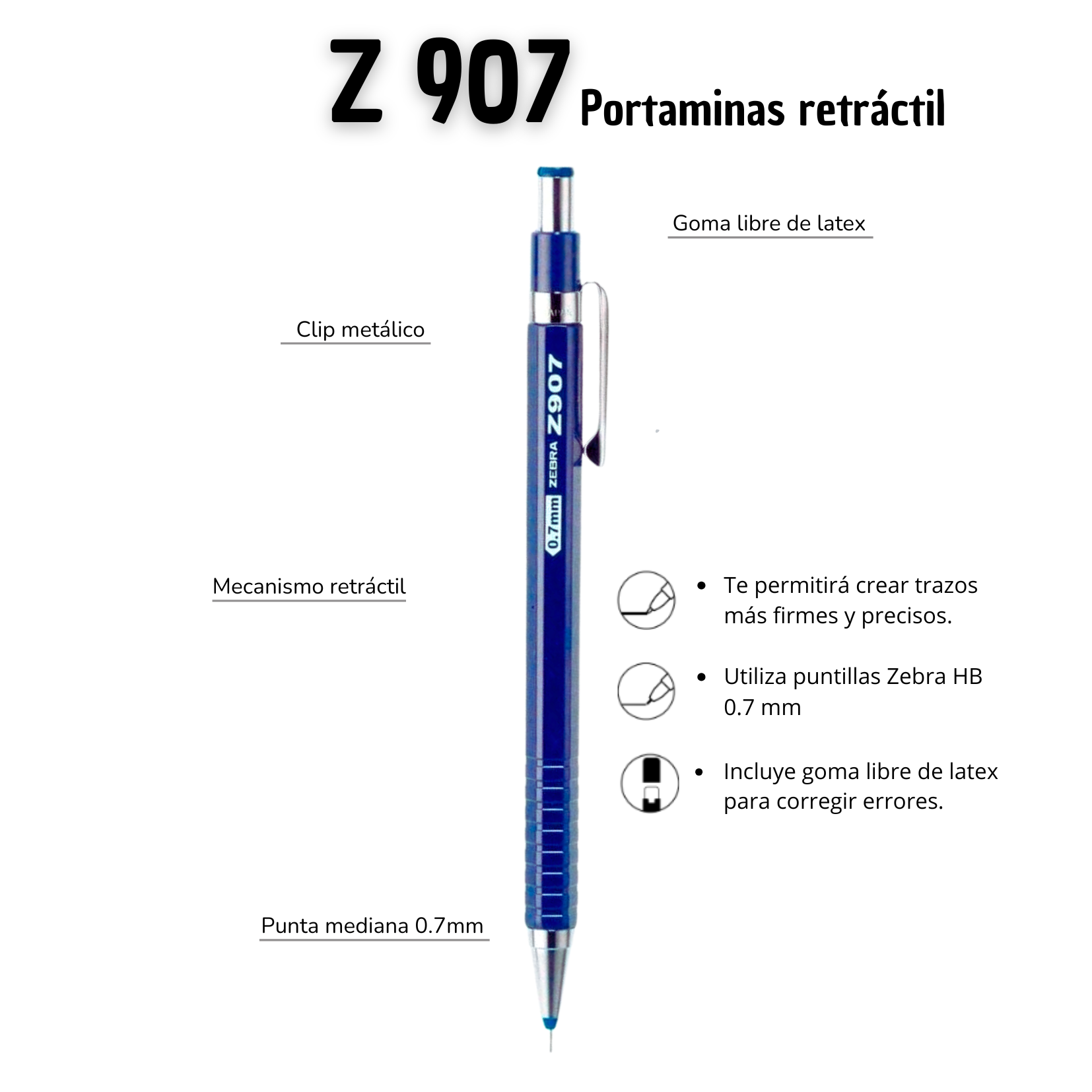 Foto 5 pulgar | Zebra Portaminas Profesional Metálico Sistema Retráctil Z-907 Puntillas 0.7 Mm