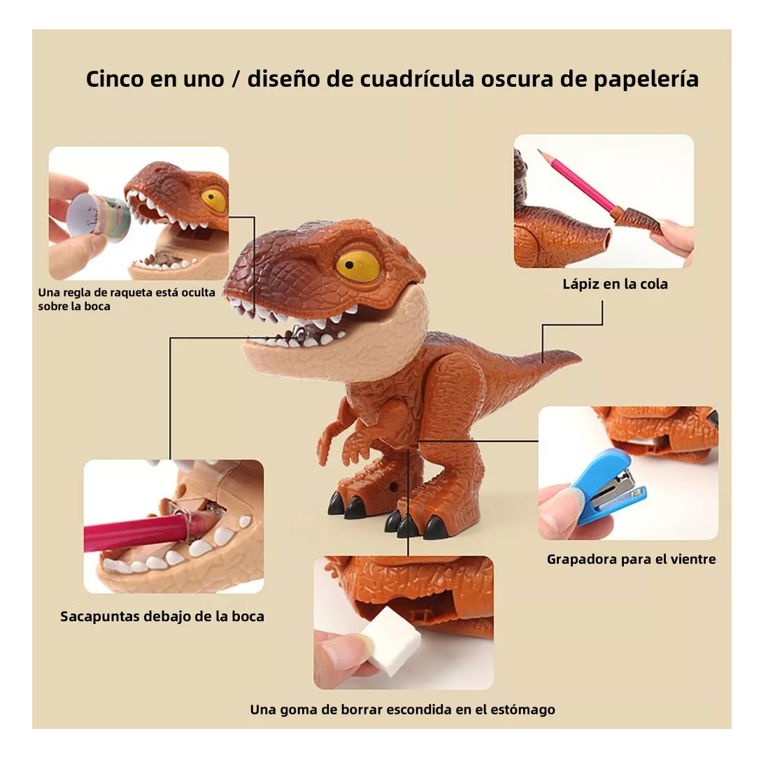 Foto 4 pulgar | Sacapuntas con Forma de Dinosaurio Café Útiles Escolares 5 en 1