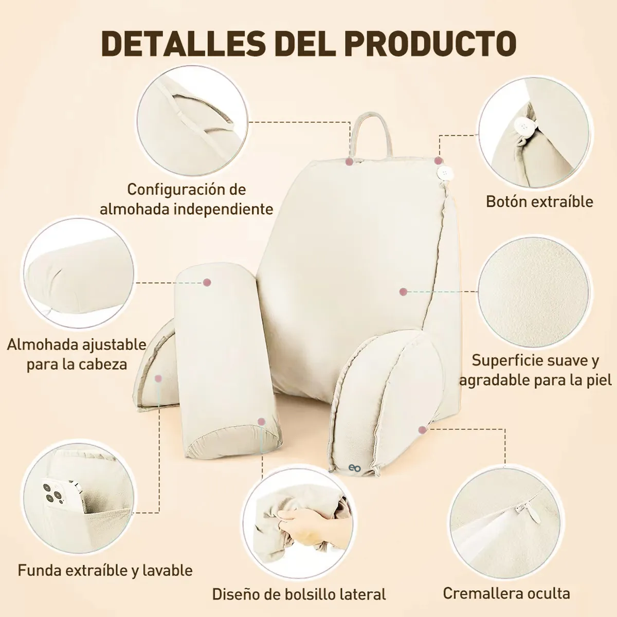 Foto 3 pulgar | Almohadas De Cojin Respaldo For Cama  Large Espalda  Eo Safe Imports Esi-20398 Beige