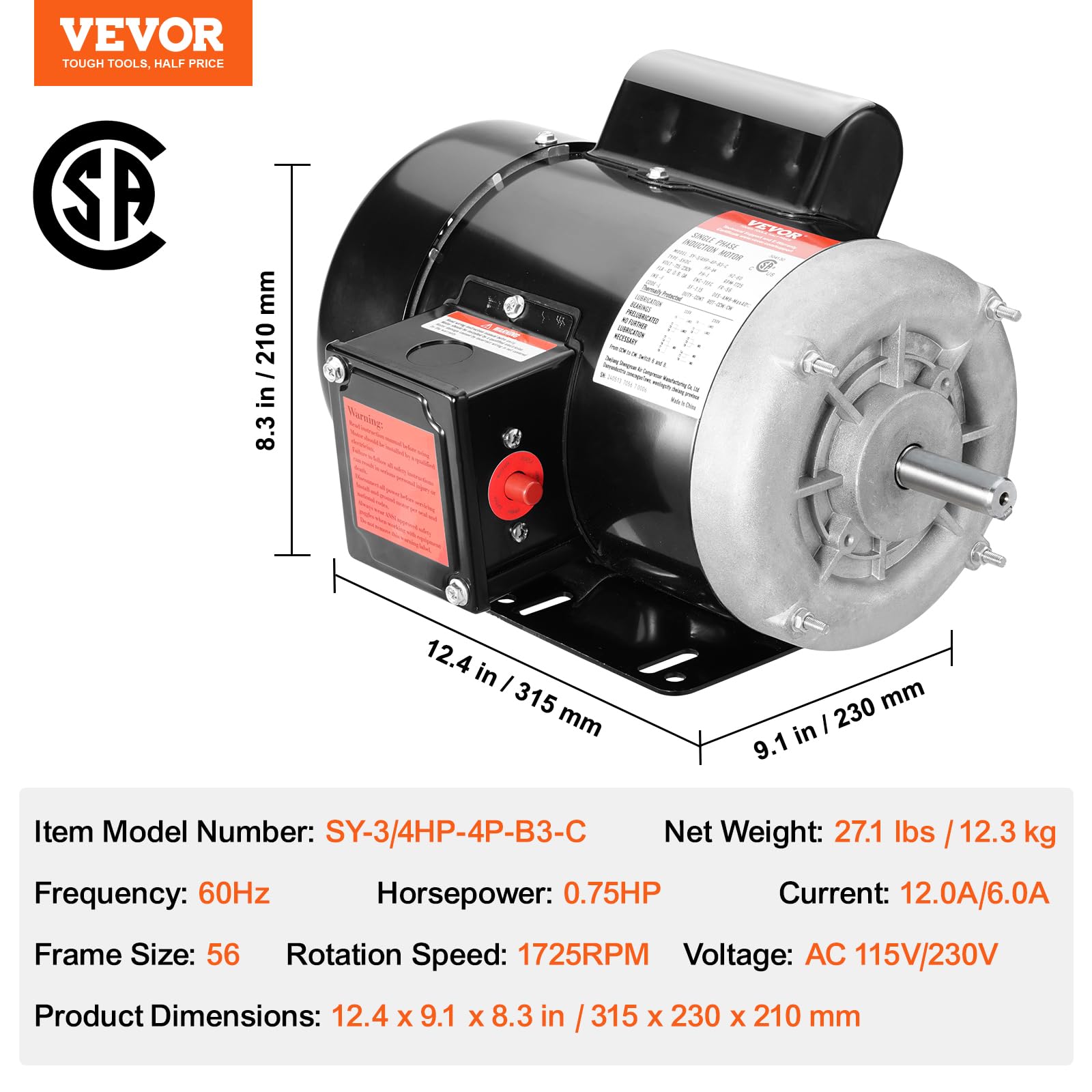 Foto 7 | Motor Eléctrico Vevor 3/4 Hp 1725 Rpm 115 V/230 V 56 Chasis - Venta Internacional.
