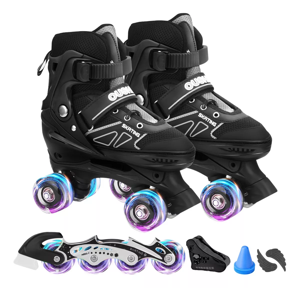 2 En 1 Patines De Línea Ajustables Y 4 Ruedas Niño Con Luces L Eo Safe Imports Esi-14514  Negro