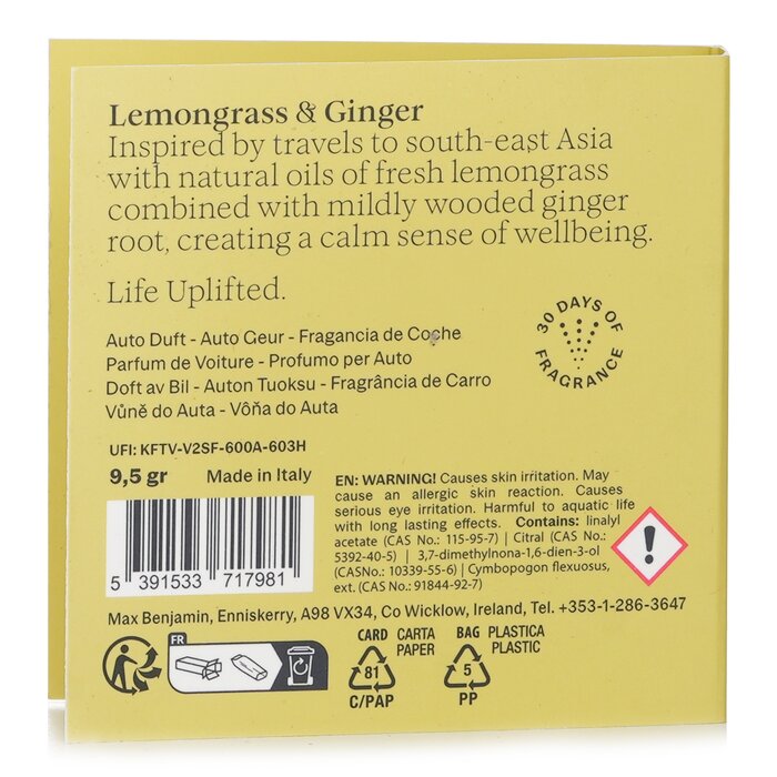 Foto 3 pulgar | Recarga De Fragancia Para Coche Max Benjamin Lemongrass & Ginger - Venta Internacional.