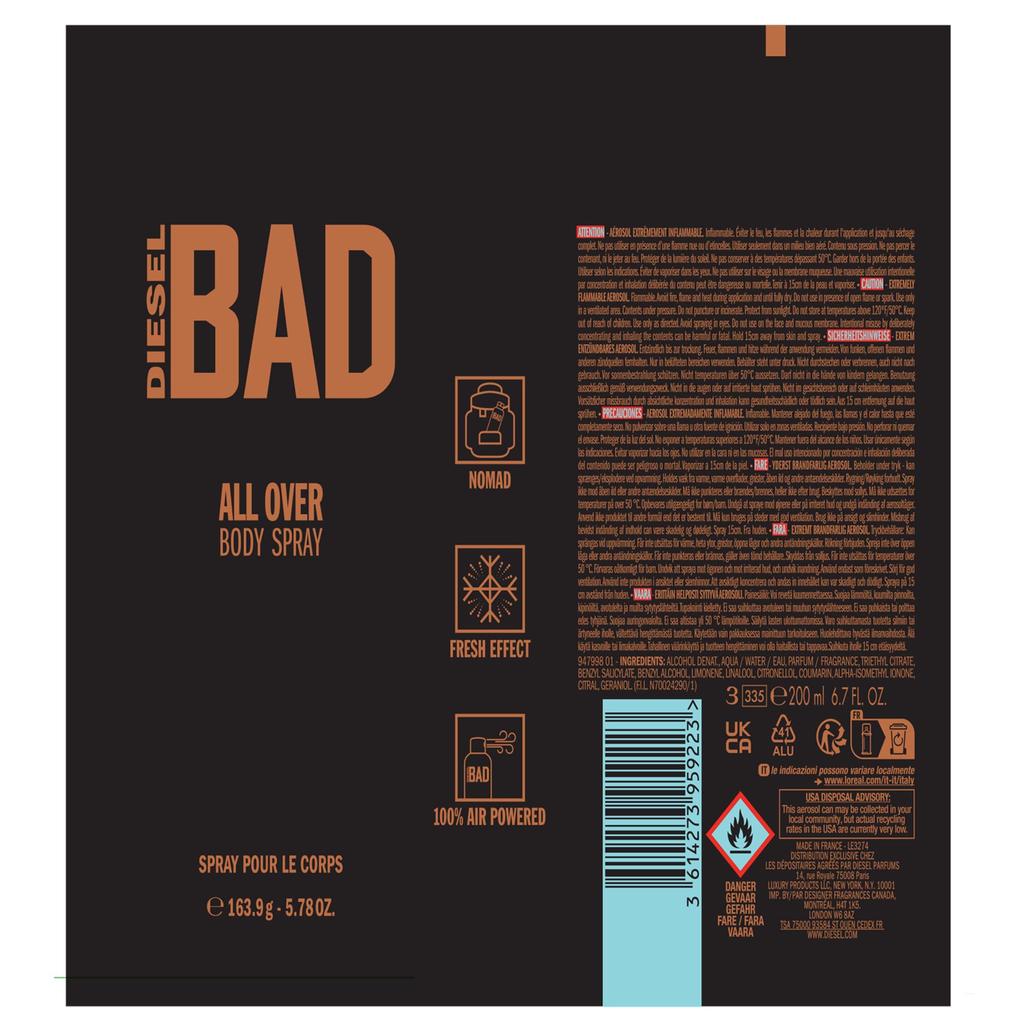 Foto 5 pulgar | Spray Corporal Desodorizante Diesel Bad para Hombres Aroma Seductor - Venta Internacional