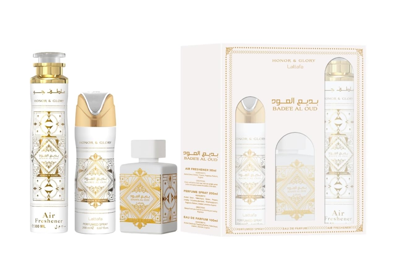 Set De Regalo Perfume Lattafa Bade'e Al Oud Honor & Glory De 3 Piezas - Venta Internacional.