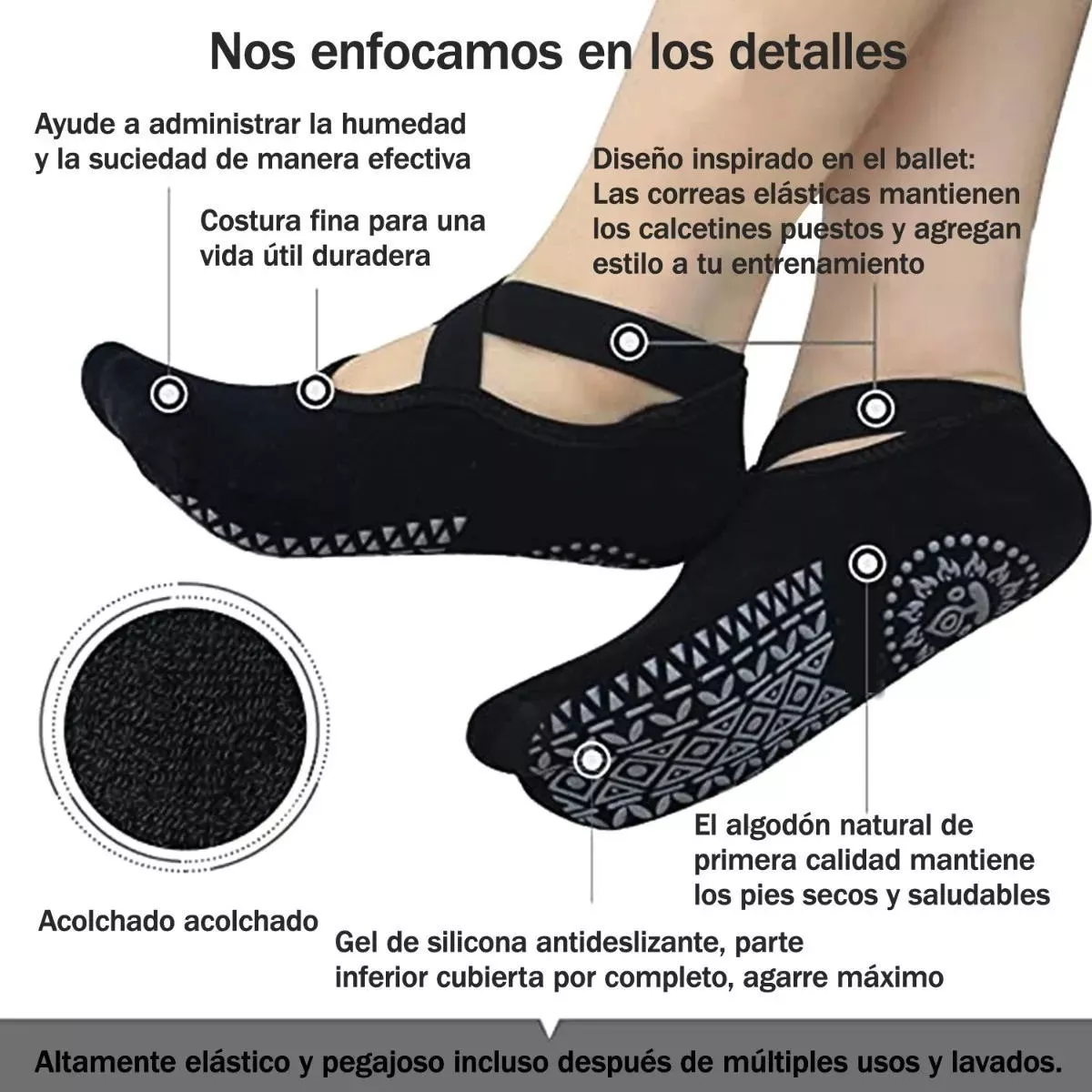 Foto 4 pulgar | Calcetines Antiderrapantes Eo Safe Imports Esi-14675 Negros 5 Pares para Yoga Danza o Pilates