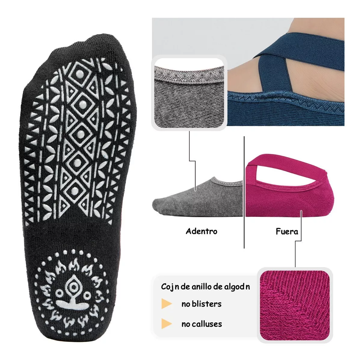 Foto 5 pulgar | Calcetines Antiderrapantes Eo Safe Imports Esi-14676 Multicolor 5 Pares para Yoga Danza o Pilates