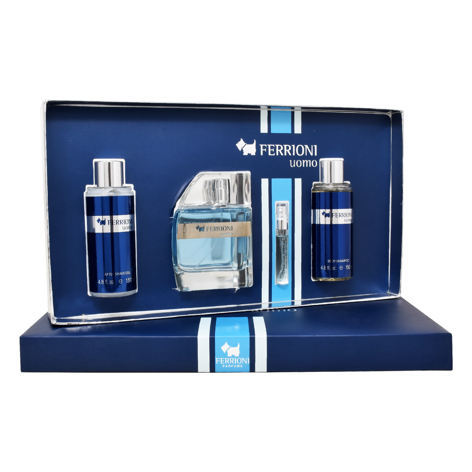Set 4 Piezas para Hombre Ferrioni Uomo 100 ml Edt Spray/Body Shampoo 150 ml/After Shave 150 ml/ 6 ml Edt