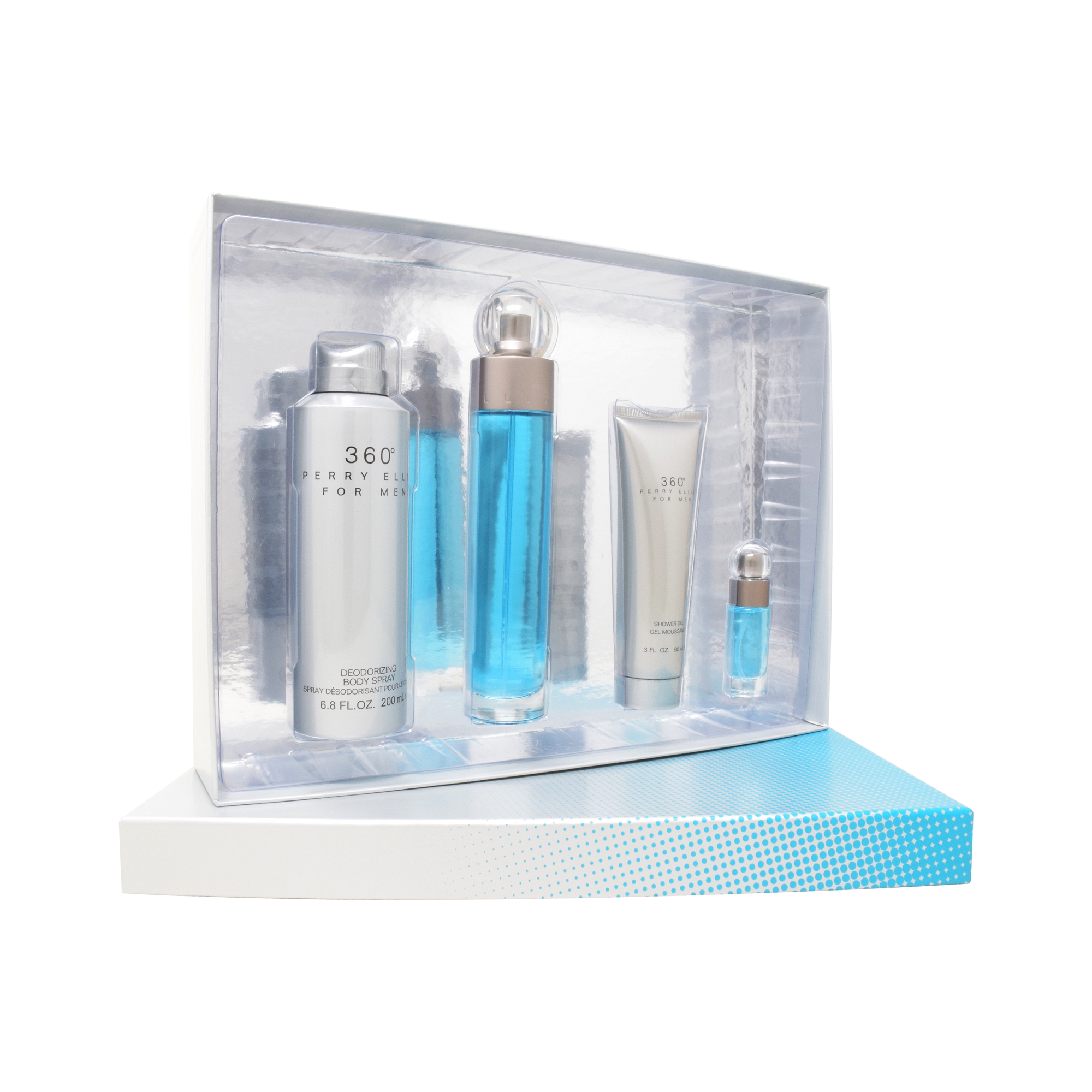 Set 4 Piezas para Caballero 360° 100 ml Edt Spray/Shower Gel 90 ml/Desodorante 200 ml/Edt 7.5 ml