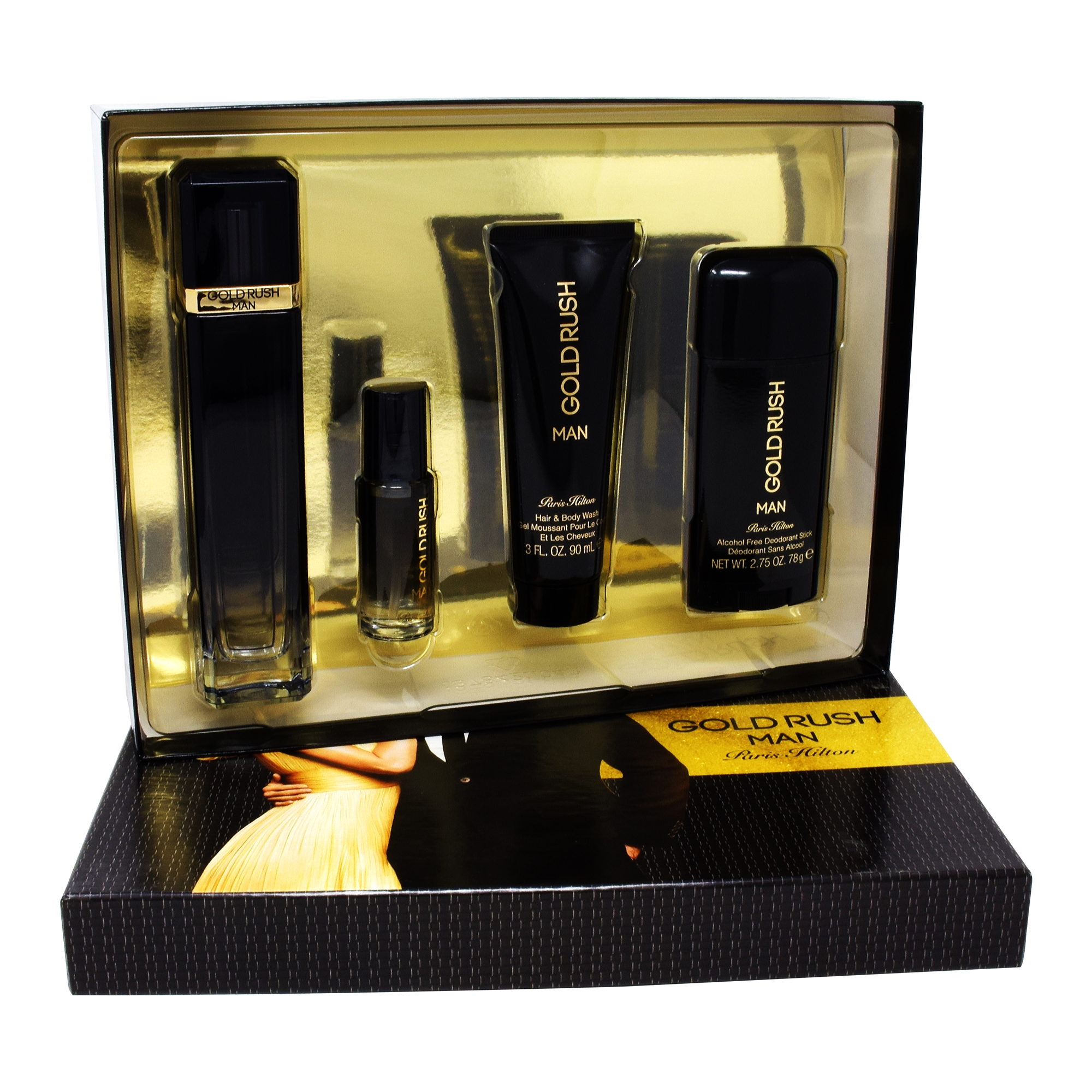 Foto 1 | Set 4 Piezas para Hombre Paris Hilton Gold Rush Man 100 ml Edt Spray/Body Whas 90 ml/ Desodorante 78g / 15 ml Edt Spray