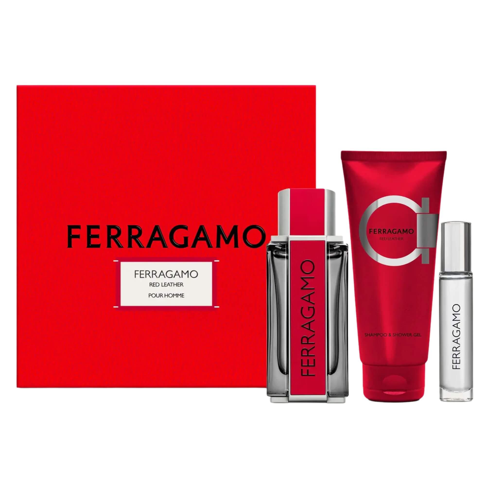 Set 3 Piezas Ferragamo Red Leather Pour Homme