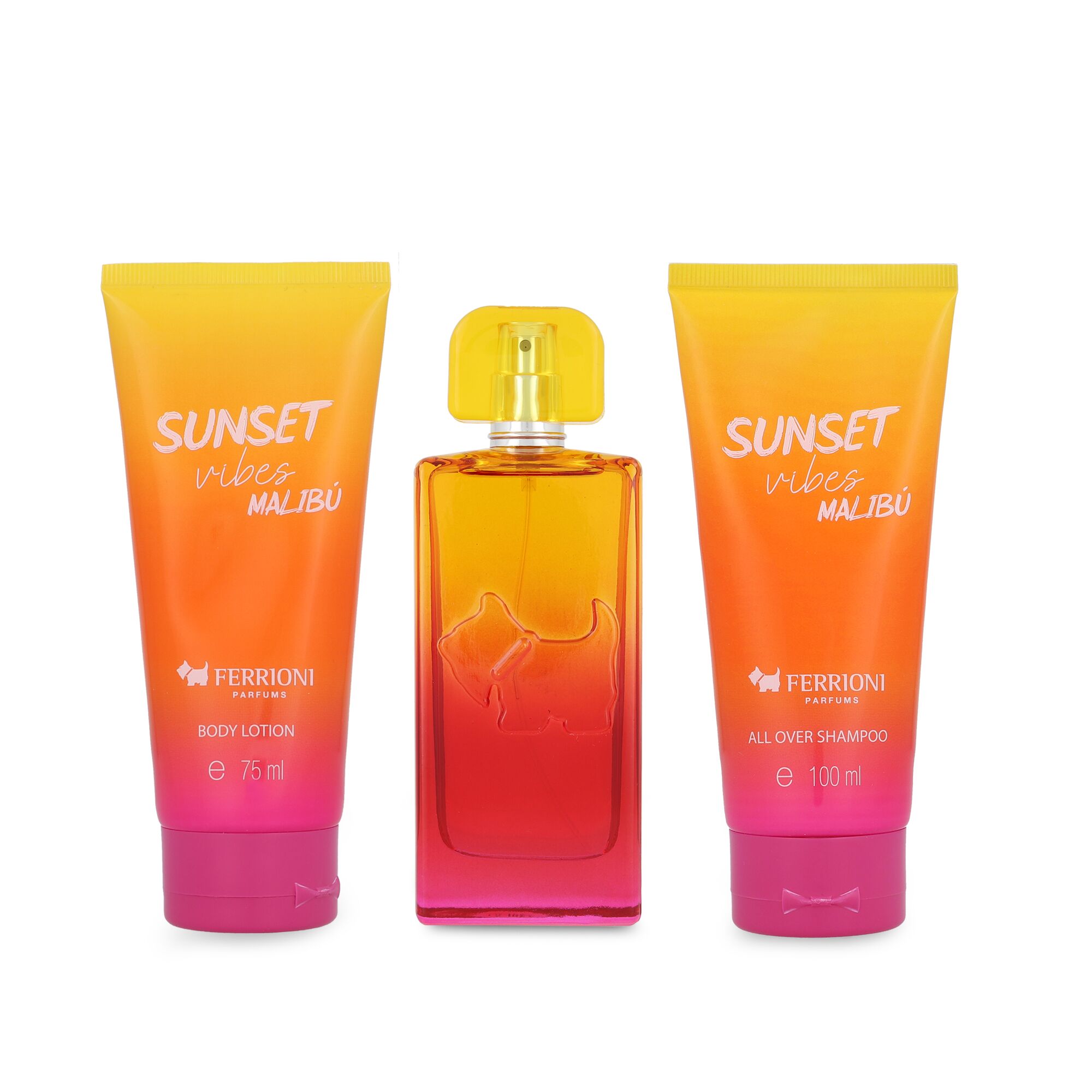 Set Perfume Ferrioni Sunset Vibes Malibu 3 piezas para Mujer