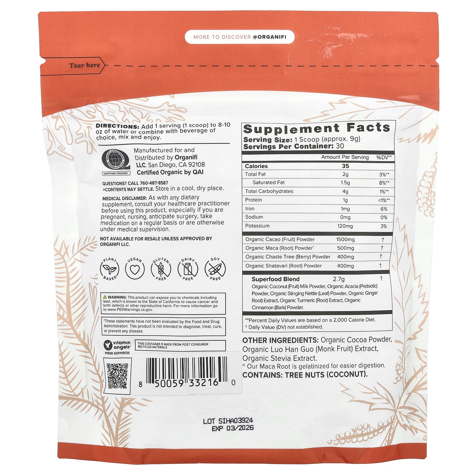 Foto 3 pulgar | Suplemento Organifi Harmony Cacao 270g - Venta Internacional.