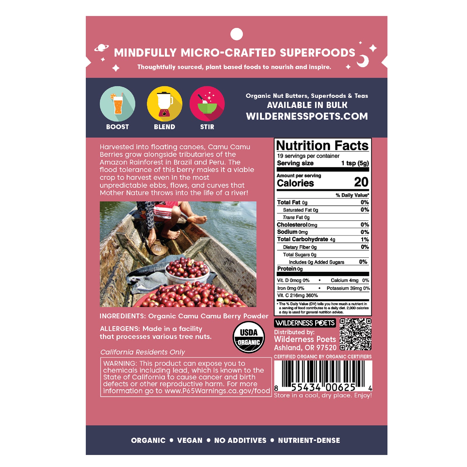 Foto 3 pulgar | Polvo De Bayas De Camu Camu Wilderness Poets Organic 99 G - Venta Internacional.