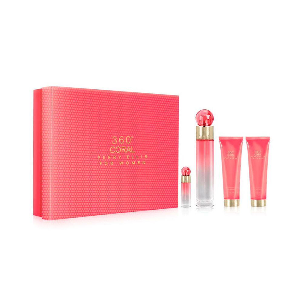 Foto 2 pulgar | Set 4 Piezas Perry Ellis 360° Coral 100 ml Edp Spray/Hand Cream 57g/Body Mist 118 ml Spray/7.5 ml Edp Spray