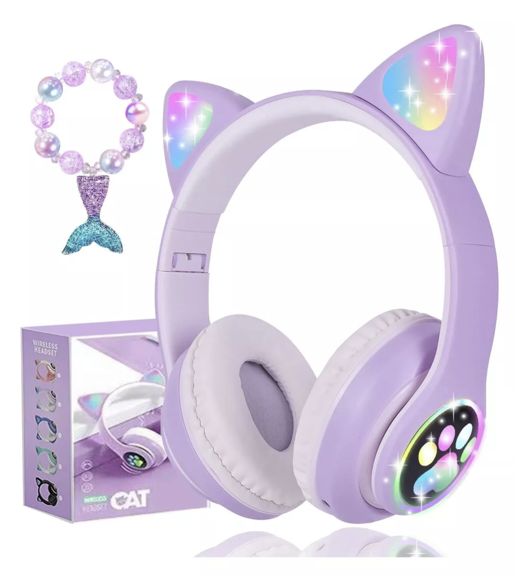 Audífonos Orejas De Gato Bluetooths 5.1 Led Diadema Violeta