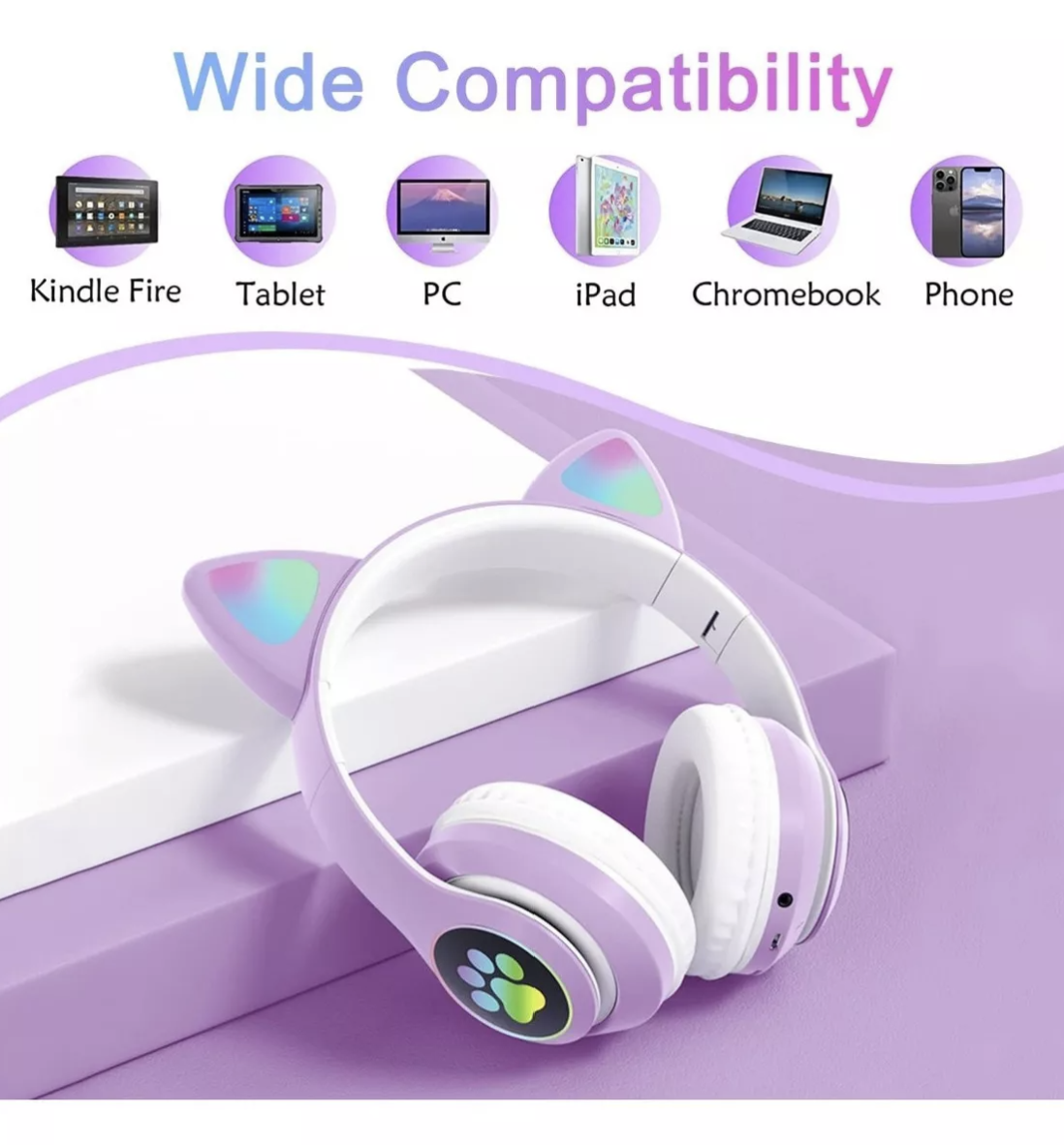 Foto 3 pulgar | Audífonos Orejas De Gato Bluetooths 5.1 Led Diadema Violeta