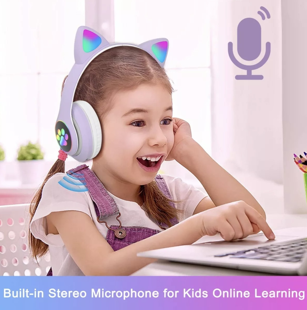 Foto 3 | Audífonos Orejas De Gato Bluetooths 5.1 Led Diadema Violeta