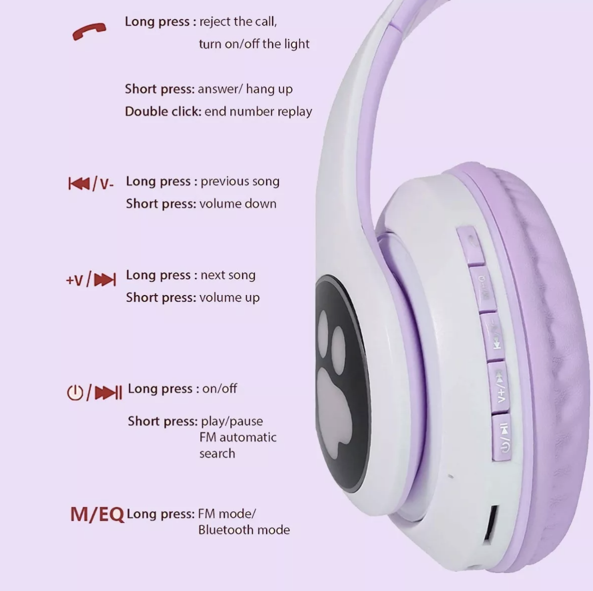 Foto 5 pulgar | Audífonos Orejas De Gato Bluetooths 5.1 Led Diadema Violeta