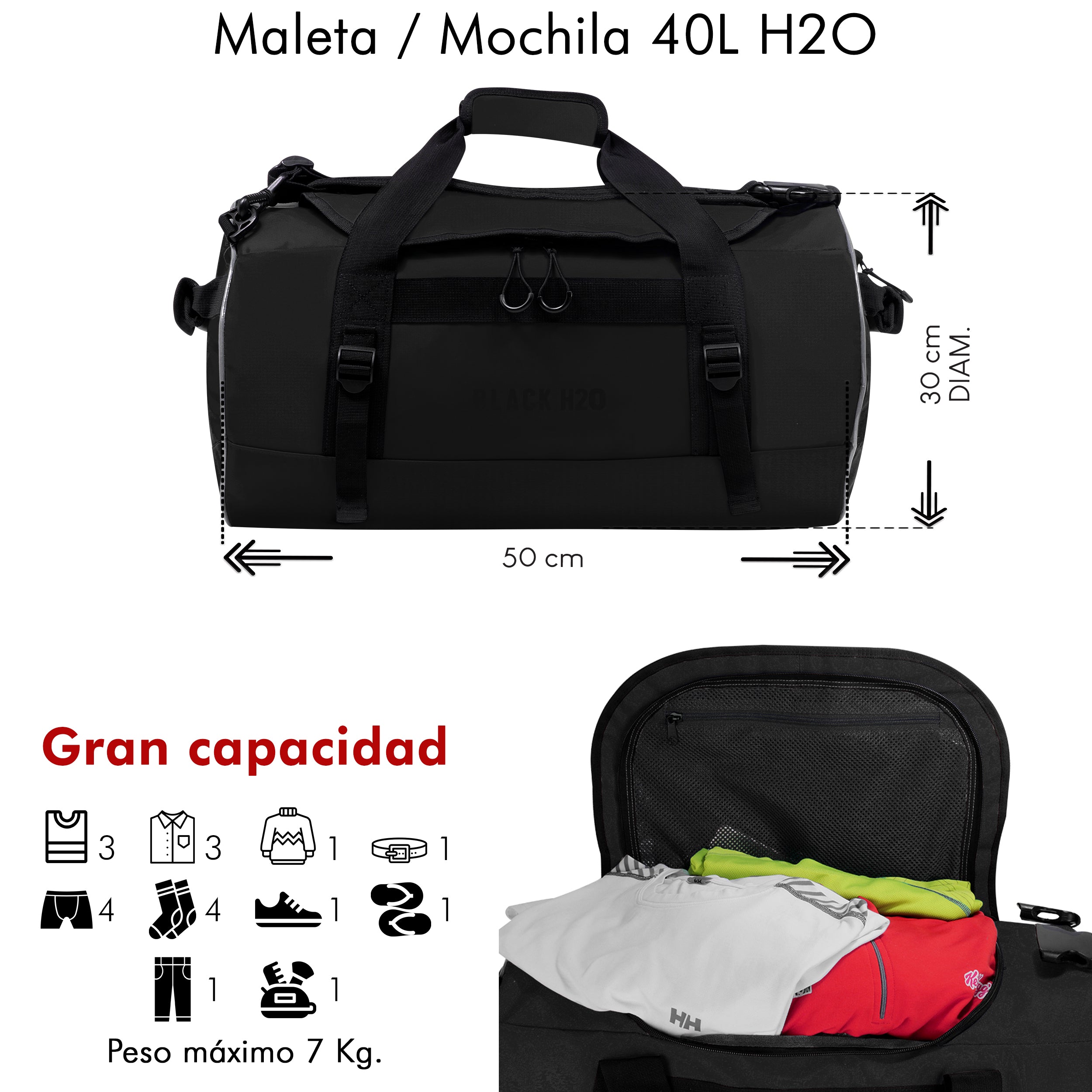 Foto 3 pulgar | Mochila SQBAGS H2O 40l  Impermeable Negro