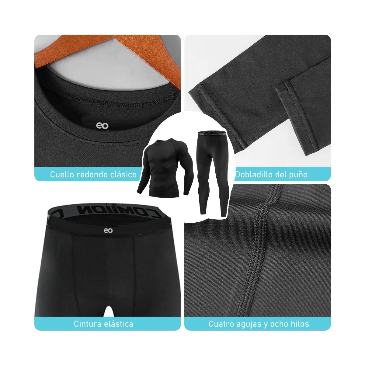 Foto 4 pulgar | Pantalón Licra + Playera De Compresión Conjunto Gym 2ps M Eo Safe Imports Esi-20430 Negro