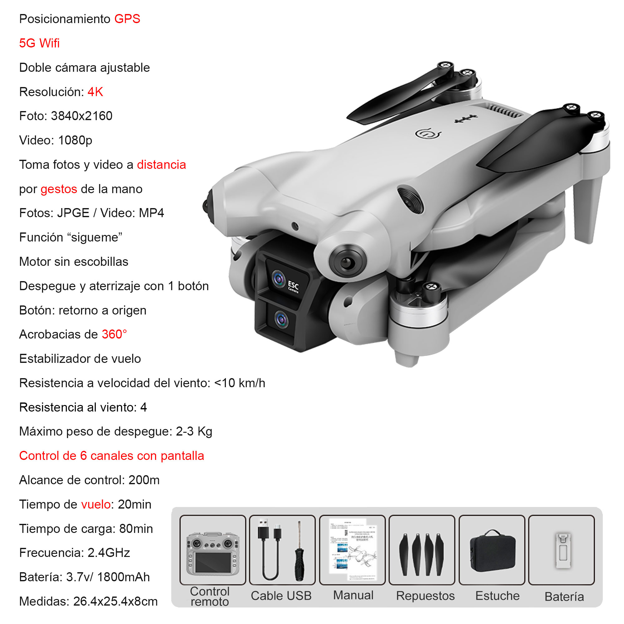 Foto 7 | Drone VAK 1811 Cámara 4K Wifi control App 4 ejes alcance 100m estabilizador color Negro
