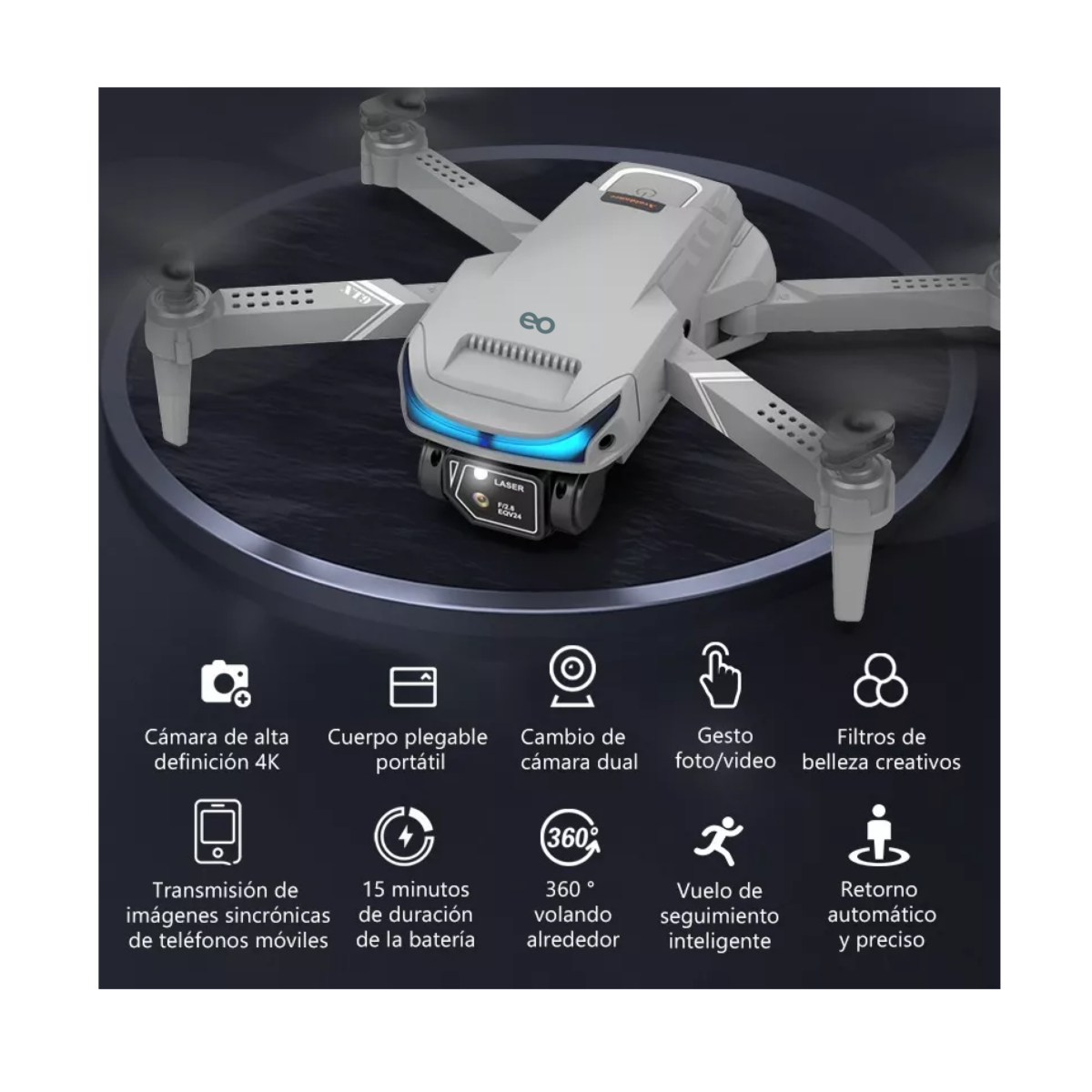 Foto 3 | Dron Cuadricóptero Xt9 A Control Remoto C/cámara 4k Hd Eo Safe Imports Esi-4613-1 Gris