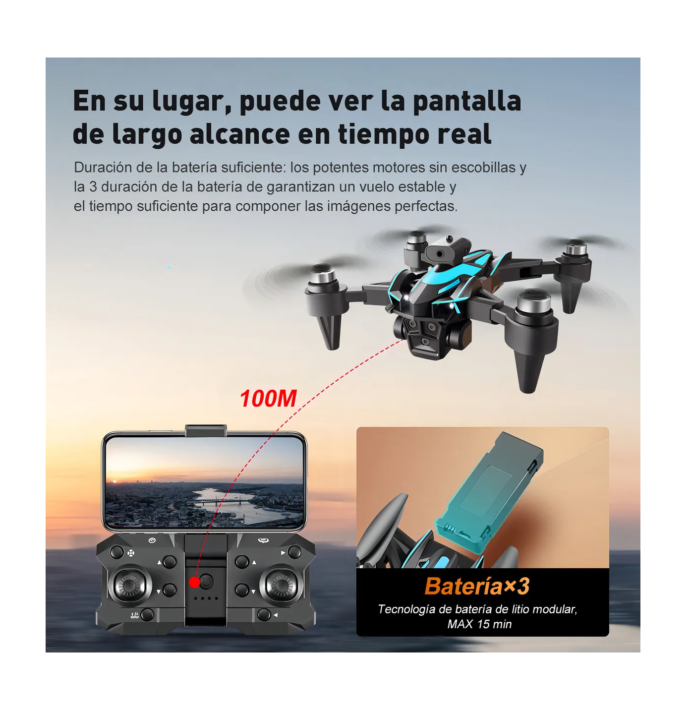 Foto 4 | Drone Con Dual Cámara 8k Negro 2.4ghz 3 Batería Negro Con Azul