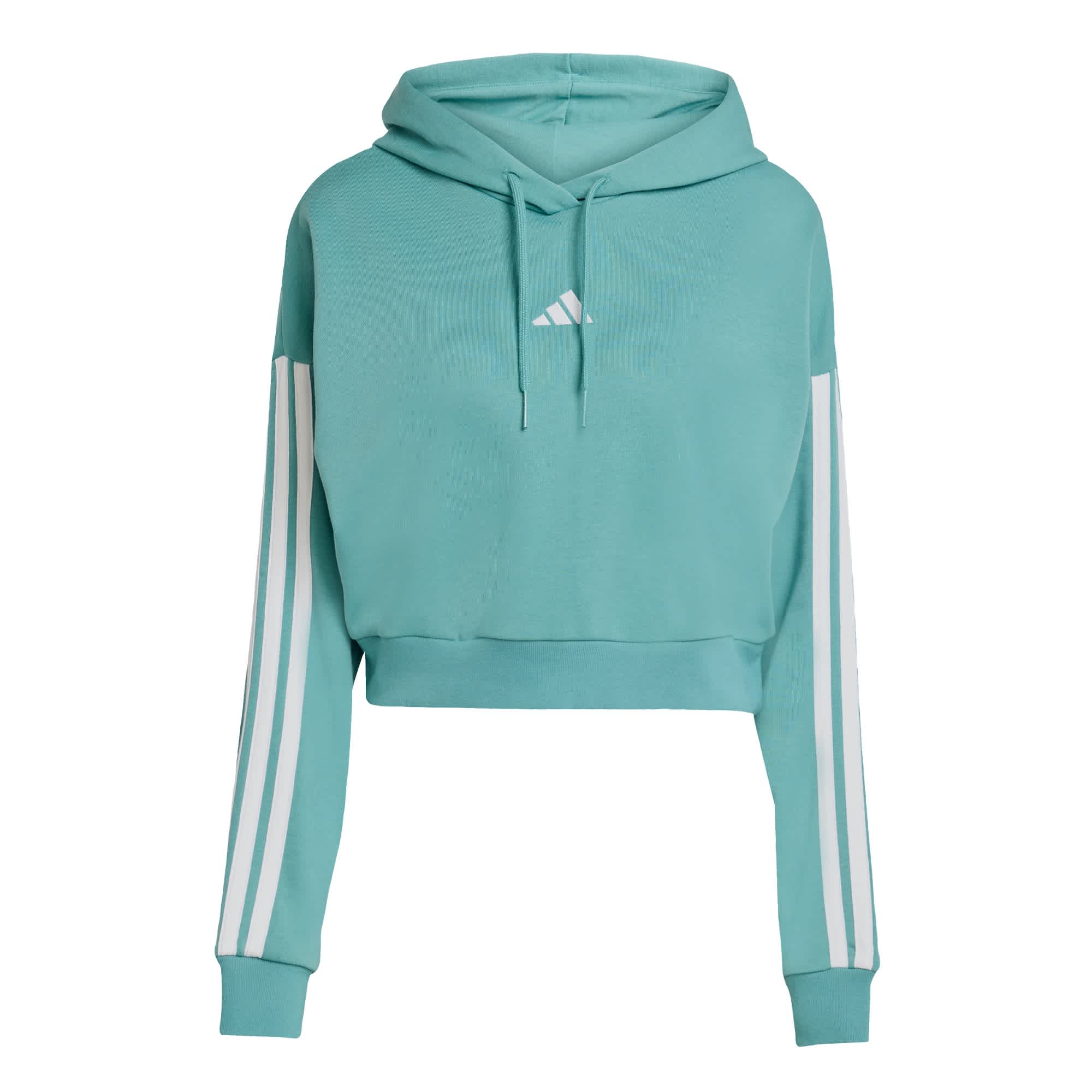 Foto 2 pulgar | Sudadera Corta Con Gorro Essentials 3 Franjas Felpa Francesa Adidas Turquesa Mujer