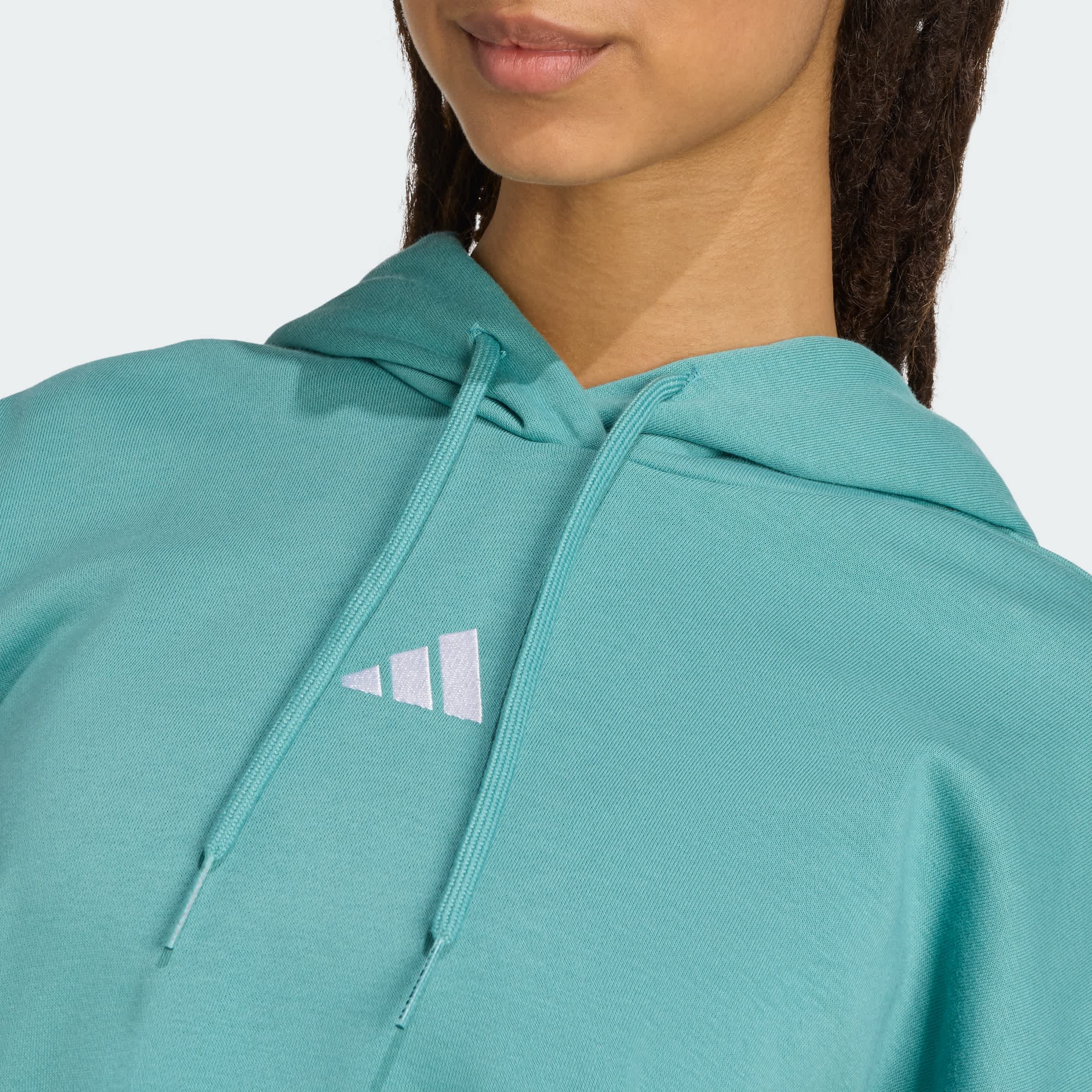Foto 8 pulgar | Sudadera Corta Con Gorro Essentials 3 Franjas Felpa Francesa Adidas Turquesa Mujer
