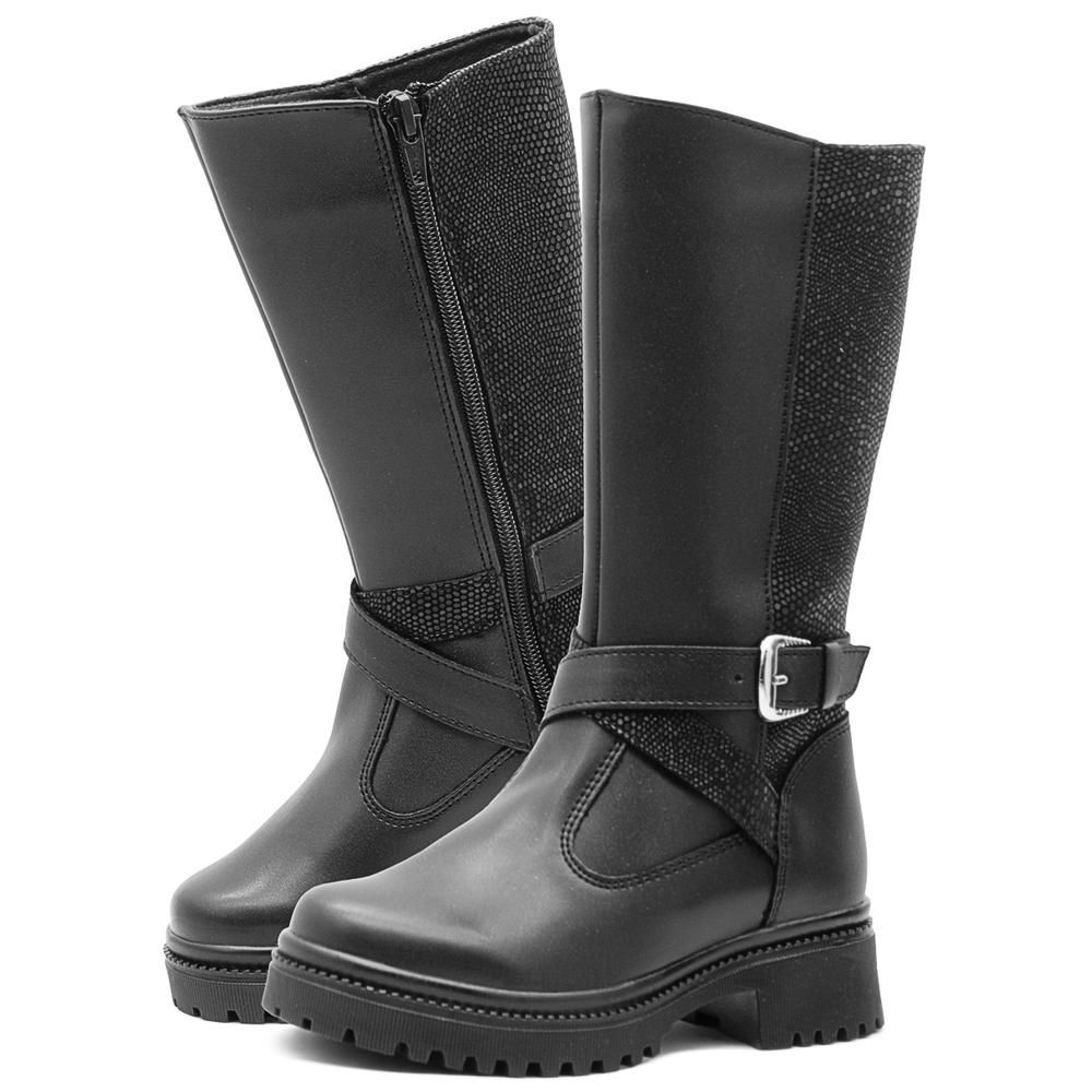 Foto 2 | Botas Caña Alta Para Niña Con Cintas Brillos Plataforma 3 Cm Negro