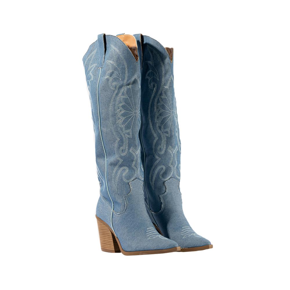 Foto 4 pulgar | Bota Vaquera Tacón Moda 6.5cm Para Mujer Walki Romina Azul Petroleo