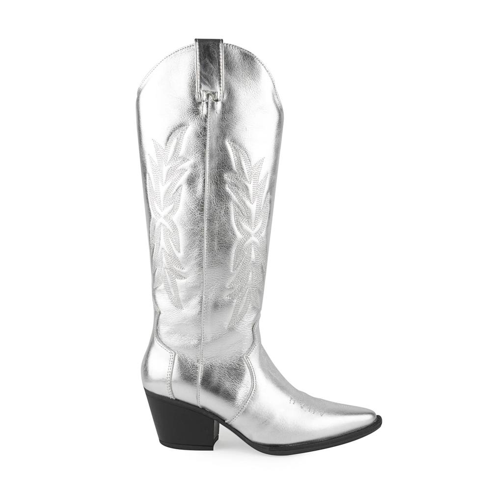 Foto 1 | Botas Vaqueras Piel Tacón Moda 6.5cm Para Mujer Walki Karla Plateado
