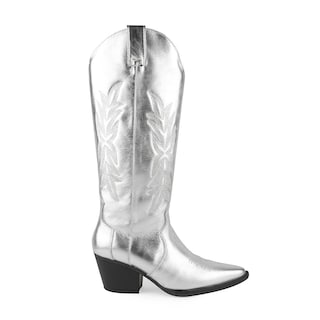 Foto 1 | Botas Vaqueras Piel Tacón Moda 6.5cm Para Mujer Walki Karla Plateado