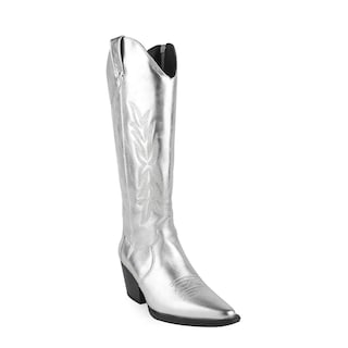 Foto 2 | Botas Vaqueras Piel Tacón Moda 6.5cm Para Mujer Walki Karla Plateado