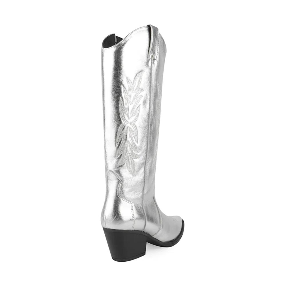 Foto 3 | Botas Vaqueras Piel Tacón Moda 6.5cm Para Mujer Walki Karla Plateado