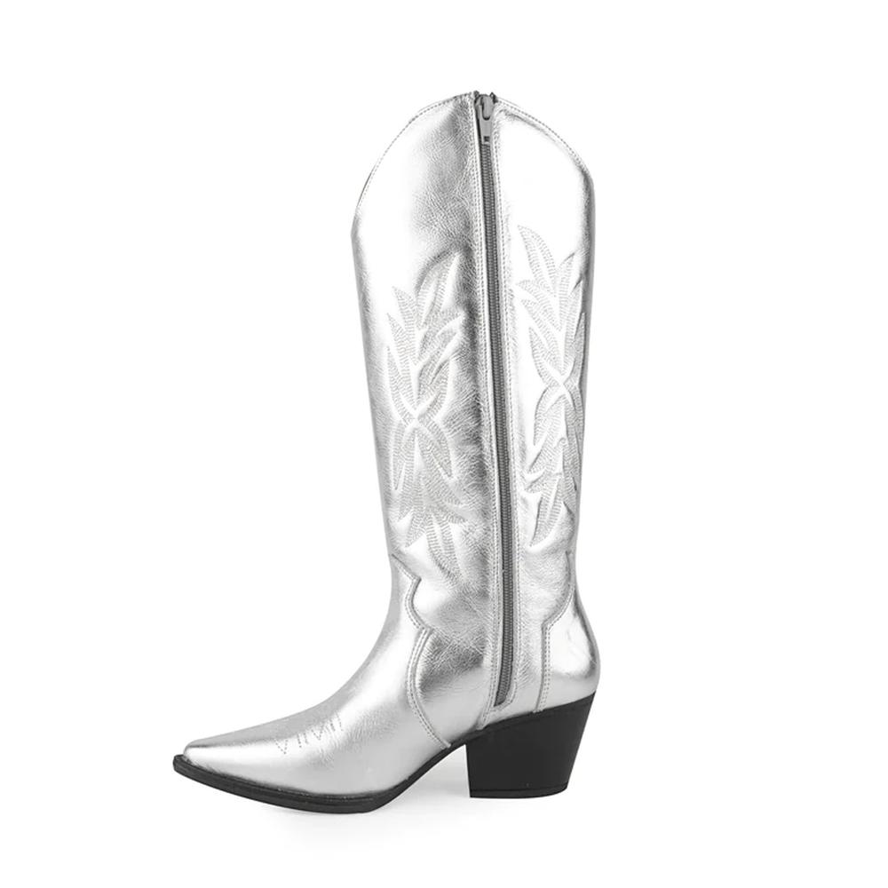 Foto 4 | Botas Vaqueras Piel Tacón Moda 6.5cm Para Mujer Walki Karla Plateado