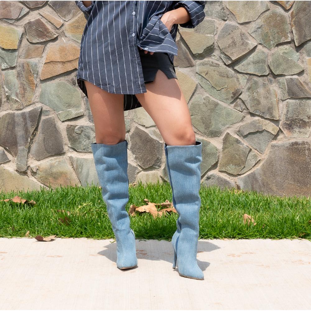 Foto 3 pulgar | Bota Alta Tacon Mezclilla Moda 10.5cm Para Mujer Walki Sonia Azul Petroleo