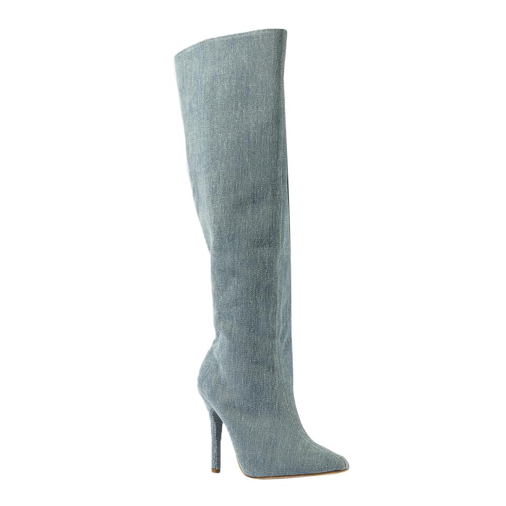 Foto 4 pulgar | Bota Alta Tacon Mezclilla Moda 10.5cm Para Mujer Walki Sonia Azul Petroleo