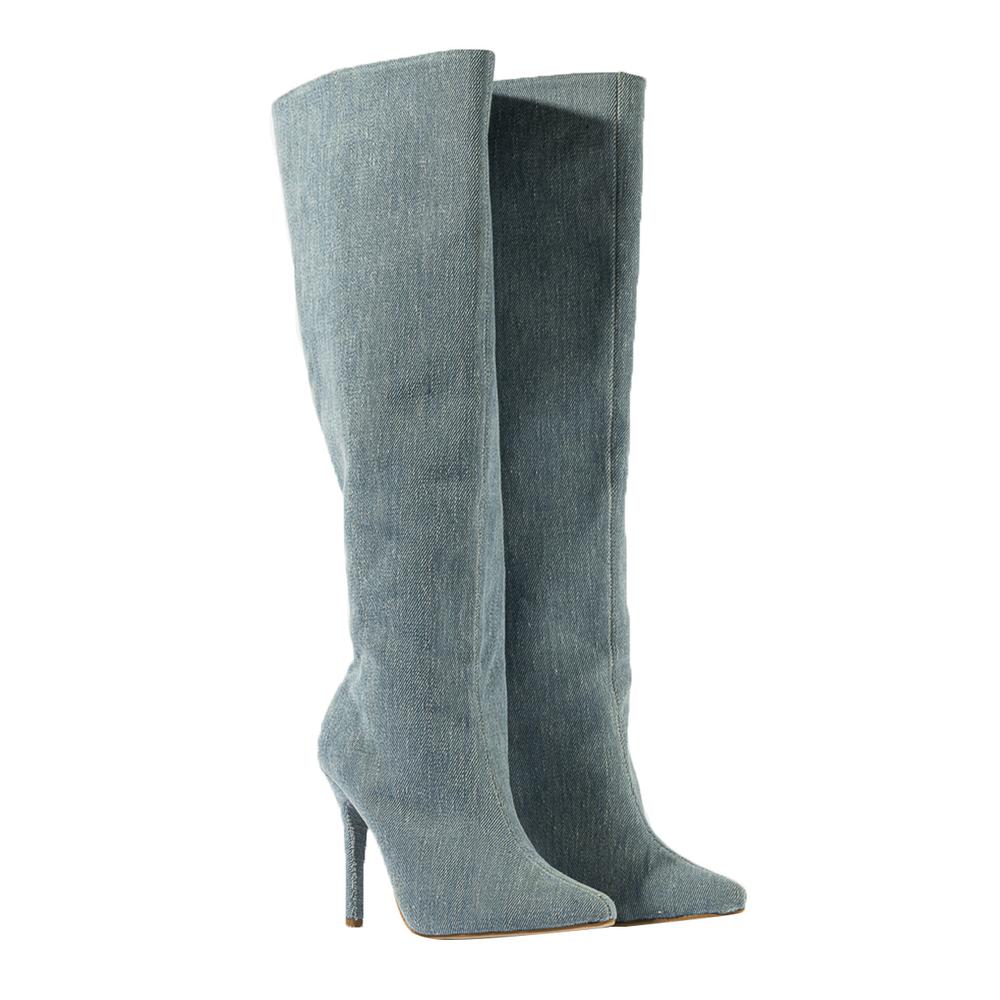 Foto 5 pulgar | Bota Alta Tacon Mezclilla Moda 10.5cm Para Mujer Walki Sonia Azul Petroleo