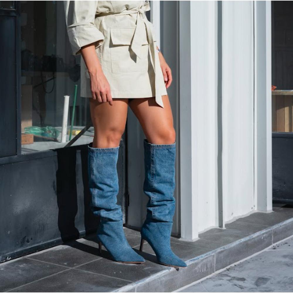 Foto 4 pulgar | Bota Alta Puntal Mezclilla Moda 8cm Para Mujer Walki Raquel Azul