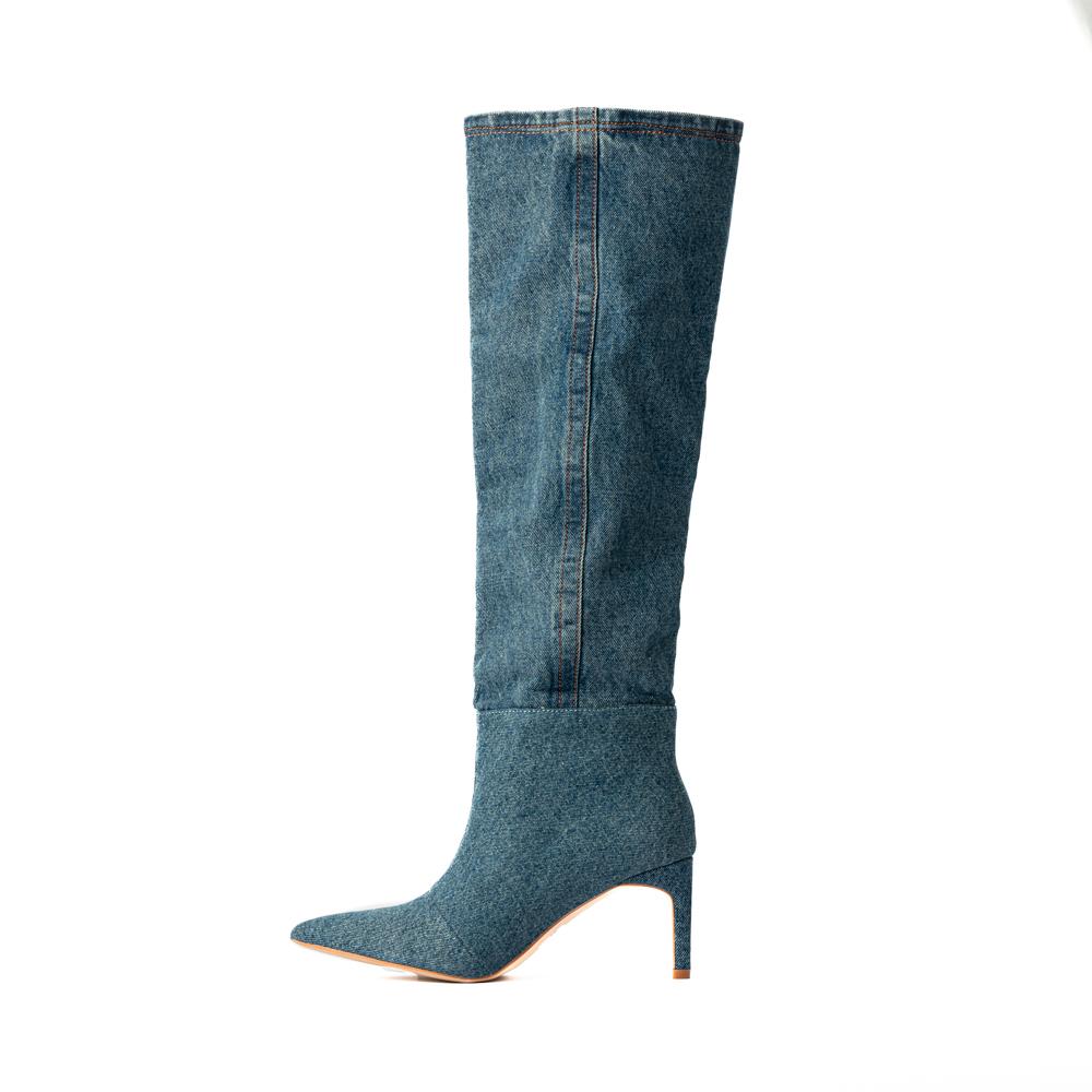 Foto 6 pulgar | Bota Alta Puntal Mezclilla Moda 8cm Para Mujer Walki Raquel Azul
