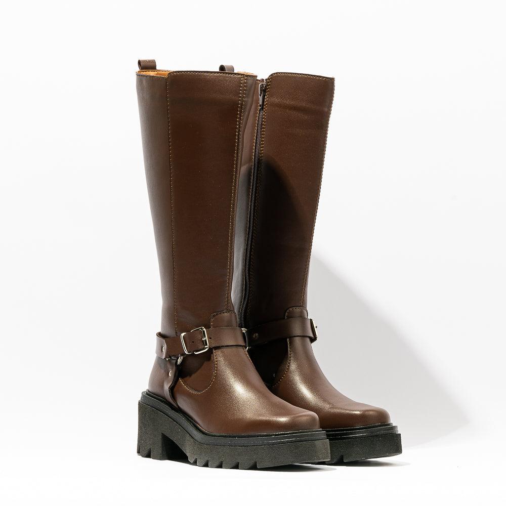 Foto 4 pulgar | Bota Alta Hebillas Tacón Casual 6cm Para Mujer Walki Mariam Cafe