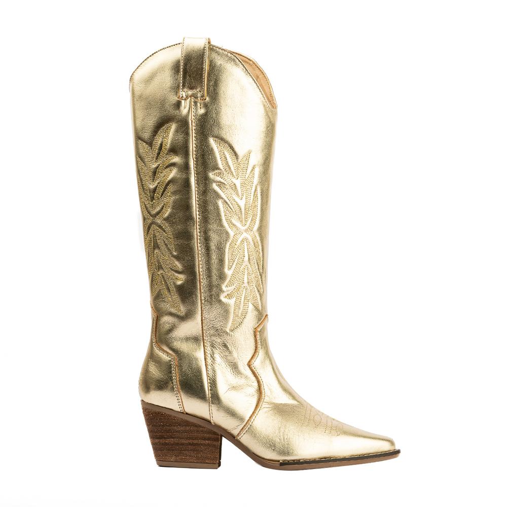 Foto 2 pulgar | Botas Vaqueras Piel Tacón Moda 6.5cm Para Mujer Walki Karla Dorado