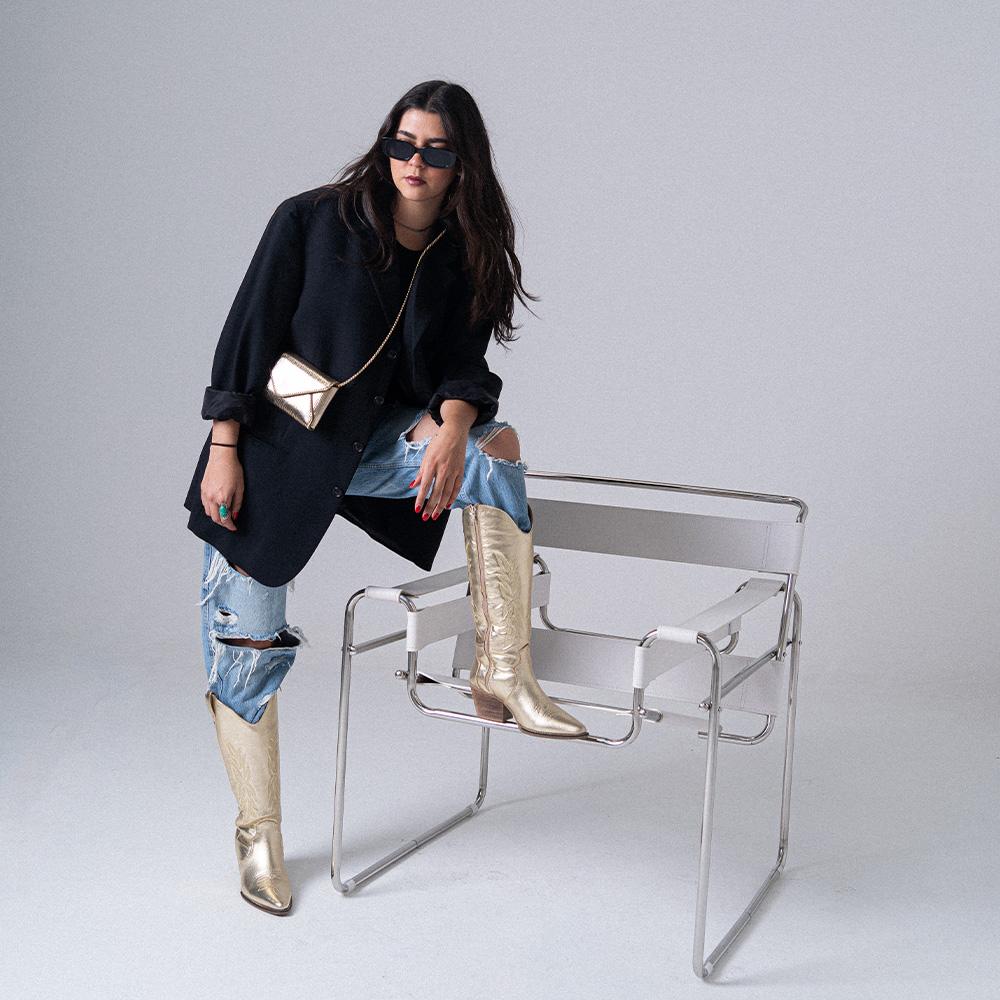 Foto 2 | Botas Vaqueras Piel Tacón Moda 6.5cm Para Mujer Walki Karla Dorado